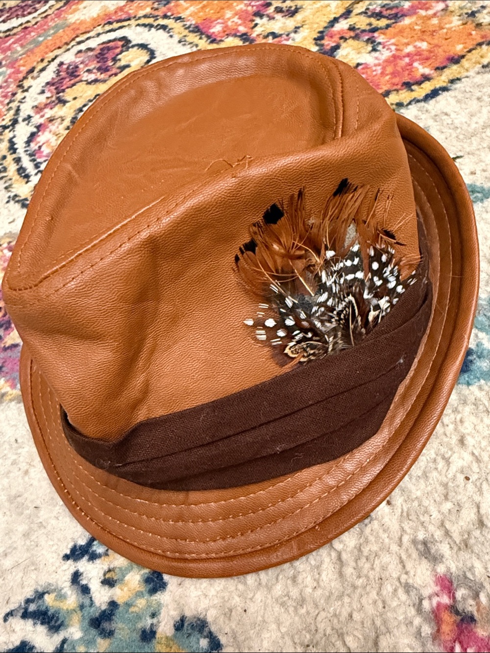 Forever 21 Tan/Brown Leather-Look Fedora with Feather Accent
